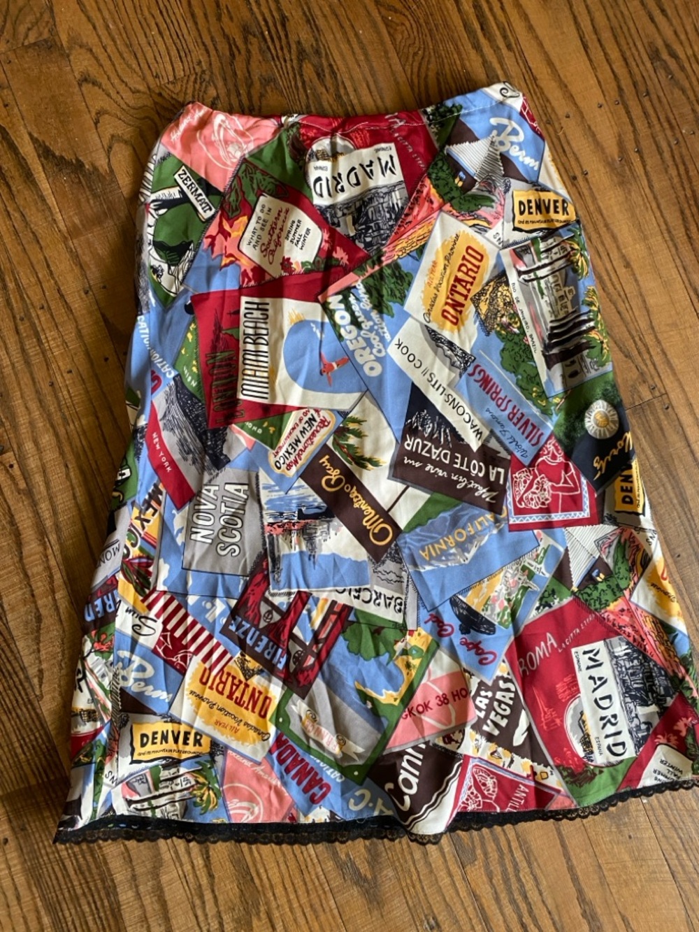 Travel postcard Patchwork Print A-Line Skirt - silk material - handmade no tags